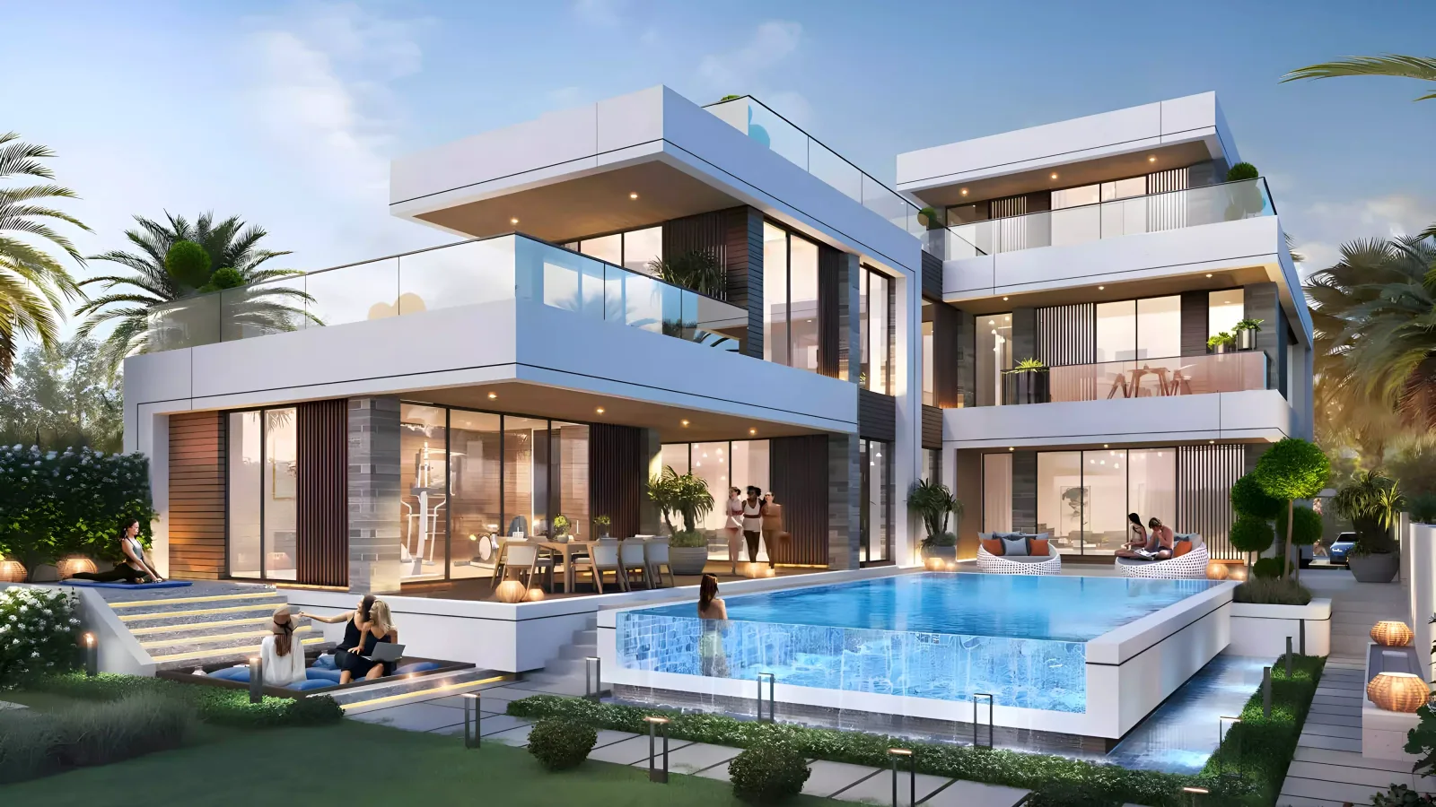 Illustrasjon av villa med terrasser og basseng i Damac Islands, Dubai