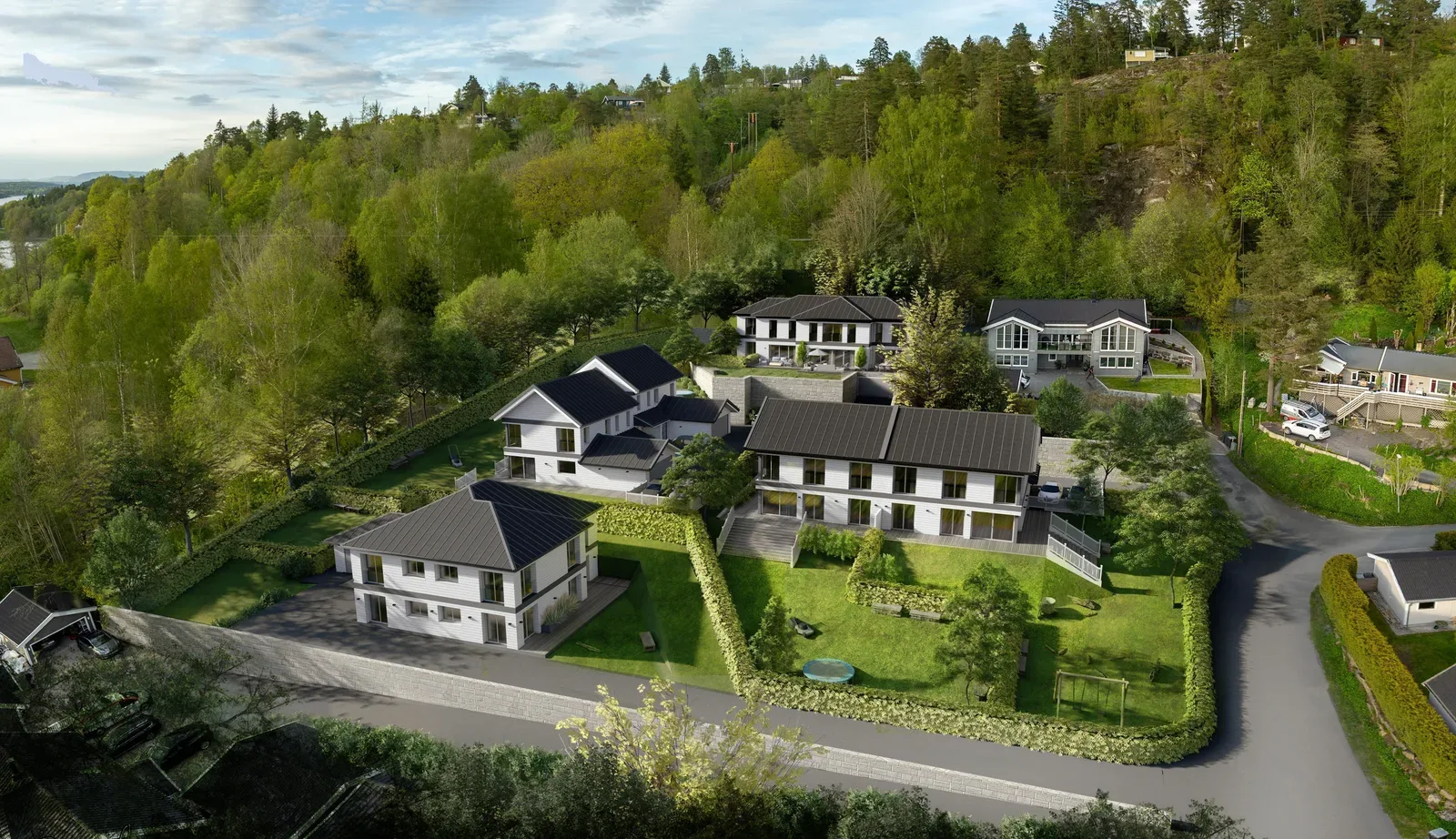 Illustrasjon av planlagte boliger med hager på Vinterbro Nesset