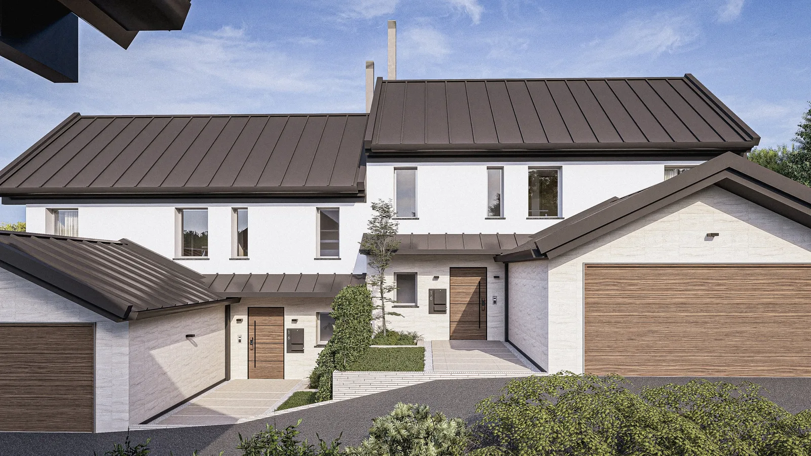 Fasadeillustrasjon av hus A og B med inngangspartier og garasjer på Vinterbro Nesset